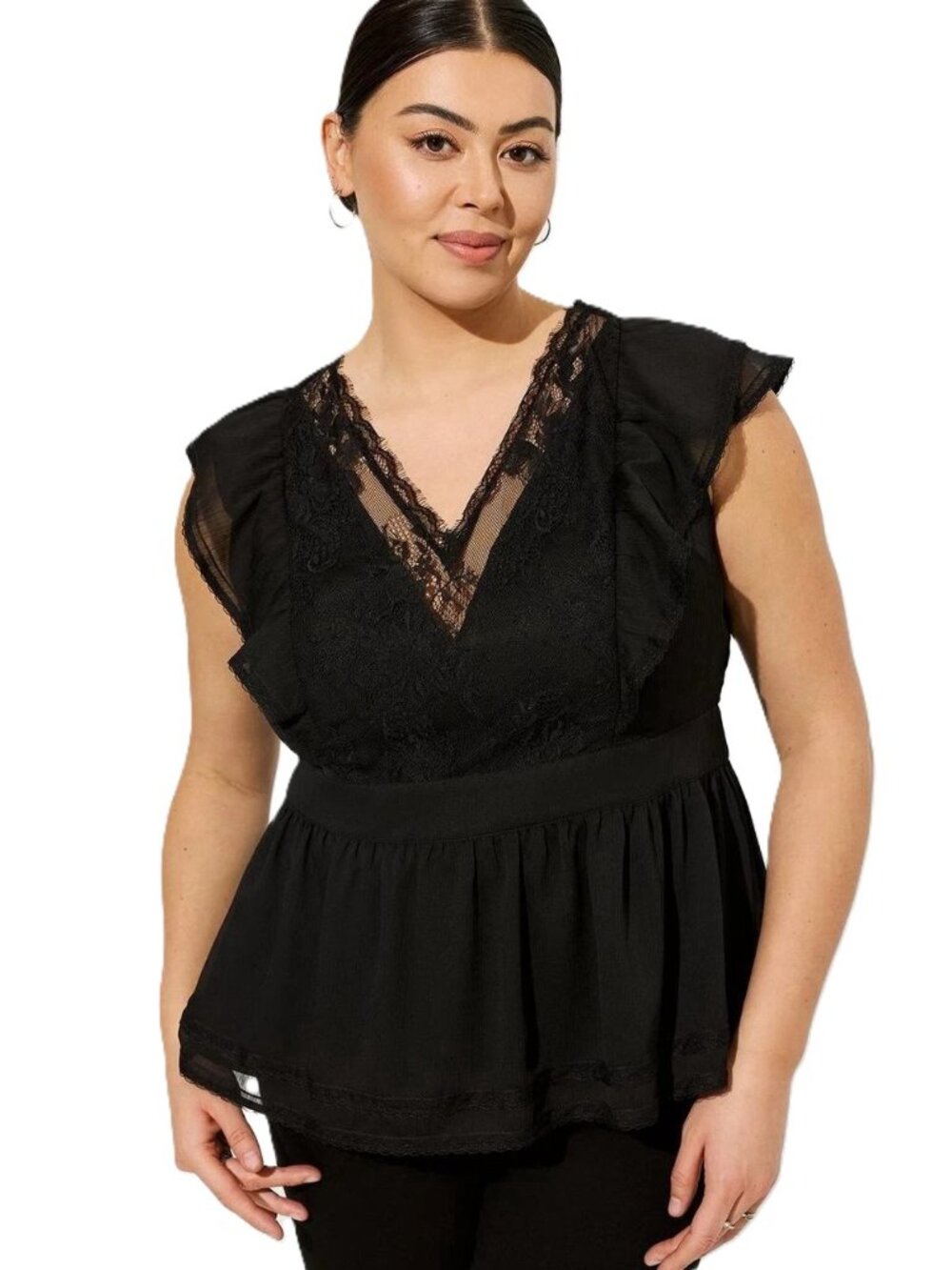 Torrid Chiffon Peplum Lace Ruffle Sleeve Top Size 00 M/L 10 Whimsigoth Black